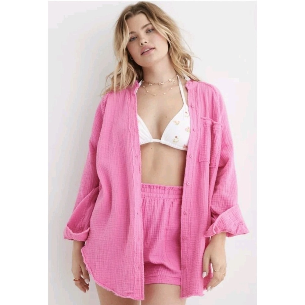 Aerie Pool-to-Party Hot Pink Gauze Oversized Button Down Cover Up Shirt XS Beach